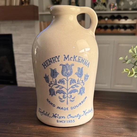 Henry McKenna Ceramic Bourbon Jug with Blue Design - Picture 1 of 8